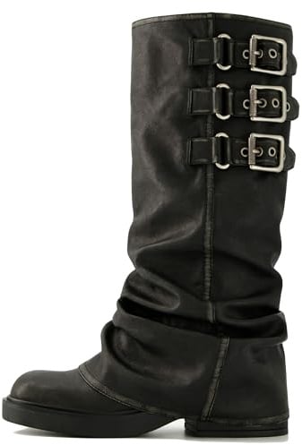 ClassicSter Fold Over Knee High Boots Slouch Boots for Women Chunky Goth Platform Boots,2 inch Heel Wide Calf Long Boots Square Toe Riding Boots(US 8)