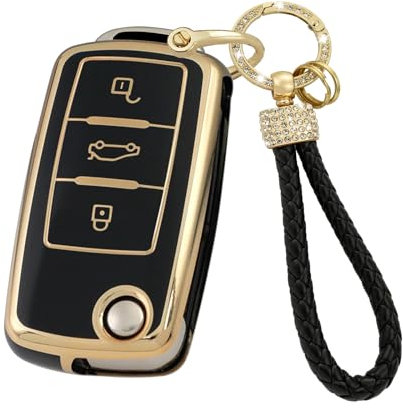 KUNIO Coque de clé pour VW Golf Polo Passat Tiguan Convient pour Skoda Fabia Octavia Seat Leon Altea Protection TPU Porte-clés Bling Clé pliante 3 boutons, Noir , 3 Tasten