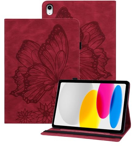 Rostsant Custodia iPad 11 Generazione A16 11 Pollici 2025 Farfalla Sollievo Cover in Pelle PU Portafoglio Portapenne Custodia Protettivo per iPad 10 Generazione 10,9 Pollici 2022 Rosso