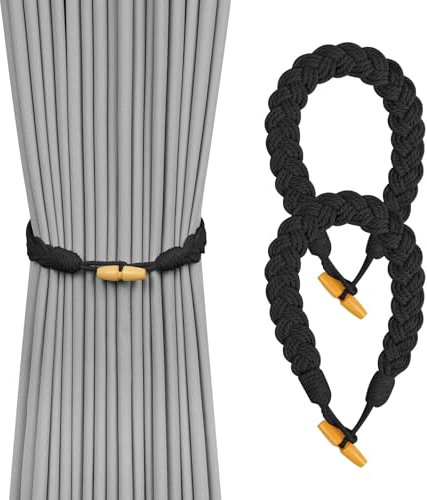 HOTUT Attaches de Rideaux, 2 Embrasses de Rideau tissé à la Main, Attaches de Corde de Coton bohème, Accessoires de Rideaux pour la Décoration Intérieure et Extérieure (Noir)