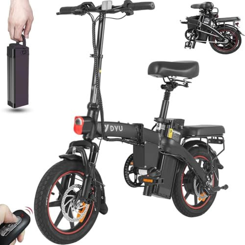 DYU Bici Elettrica Pieghevole, 14 Tire Bicicletta Elettrica da 48V 7,5AH Batteria Rimovibile, Ebike con Altezza Regolabile, Display LCD, Telecomando, Freni a Disco Doppio, Città Pendolare Ebike, Nero