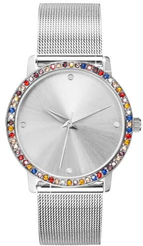 Crystal Blue Damen Armbanduhr Silber Edelstahl Milanaise Mesh Armband wasserdicht Color Zirkonia 22291