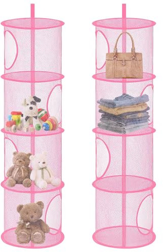 DAWRIS 2 Stück Hängeaufbewahrung, 4 Stufe Faltbare Hängeorganizer Organizer, Hängende Netz Kuscheltier Aufbewahrungstasche, Speichern Sie Platz Lagerkorb für Kinderzimmer, Badezimmer, Balkon(Rosa)