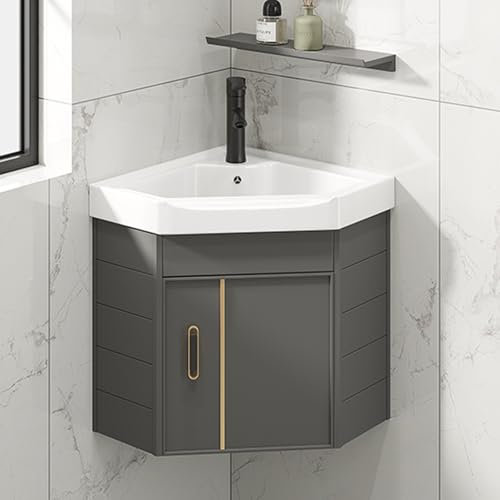 Modernes Eckwaschbecken-Set mit Wandmontage, Handwaschbecken, Design-Schrank-Set mit Wasserhahn und Abfluss für kleinen Raum (38,1 cm)