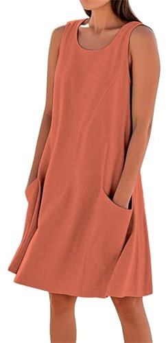 Sommerkleid Damen Leicht und Luftig Leinen Kleid Knielang Einfarbig Baumwolle Strandkleid Urlaubs Kleid mit Taschen U Ausschnitt Lässig Locker Swing Freizeitkleid Tshirtkleid(A1-Orange, L)