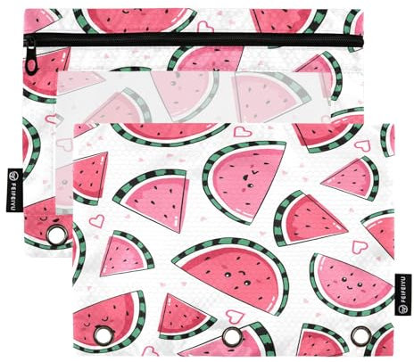 Mnsruu Astuccio carino con motivo angurie per raccoglitori a 3 anelli con cerniera, confezione da 2 astucci con finestra trasparente, astuccio per cosmetici per ufficio e università, Multicolore