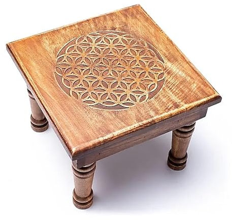 LivuX Mesa auxiliar de madera, flor de la vida, 30 × 30 × 23 cm, madera de acacia tallada, accesorio espiritual para el hogar, hecho a mano, redondo, producto natural, mesa de meditación y decoración