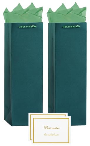 2 Pack Dark Green Bottle Gift Bags with Tissue Paper, Wine Gift Bags with Handle(13.78× 3.74 inches)