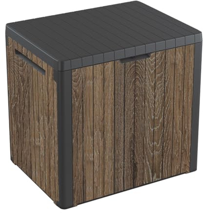Keter Signature Everwood 30 Gallon Resin Outdoor Storage Box and Patio Furniture Side Table for Pool and Garden Accessories, Walnut