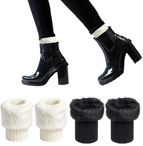2 Pairs Fluffy Leg Warmers, Furry Leg Warmers for Women, White and Black Knitted Boot Socks, Winter Fashion Accessories for Party, Costume, Gift, Fur Trim Boot Cuff Top Cover (Black+White)