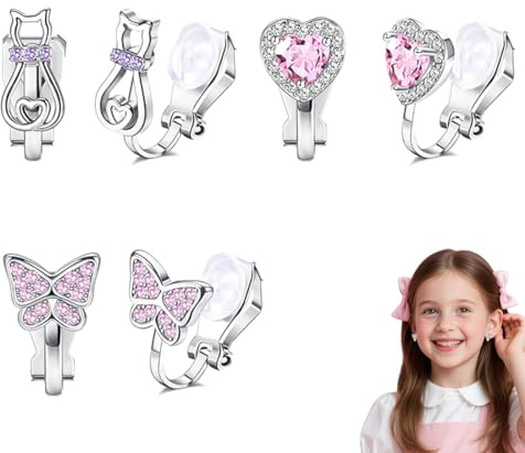 YUVKIN 3 Paar Hypoallergene Kinder Ohrringe Clip Ohne Ohrloch Niedlicher Schmetterling Regenbogen Blume Perle Stern Ohrclips Schmuck für Mädchen