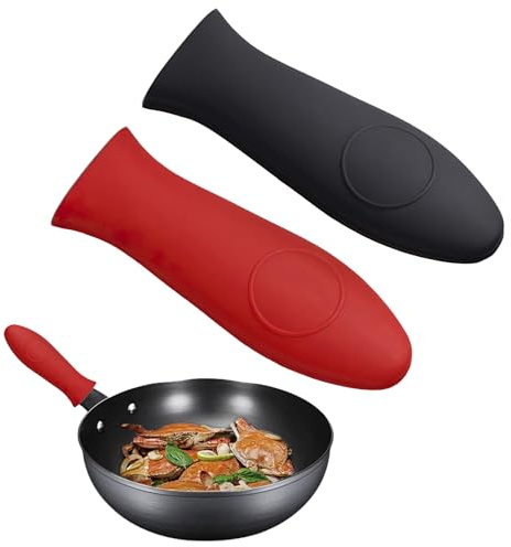 2 Pcs Silicone Hot Handle Holder, Pan Handle Cover, Heat Resistant & Non-Slip Grip, Washable Kitchen Handles Sleeves, for Cast Iron Skillets & Metal Frying Pans(Black, Red)