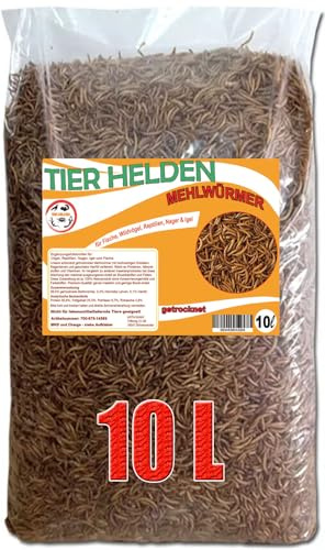 Tierhelden getrocknete Mehlwürmer in 10L Abpackung, Protein- und fettreich, verfeinert und gesiebt, für Fische, Nager, Vögel, Reptilien, auch Koifutter oder Igelfutter