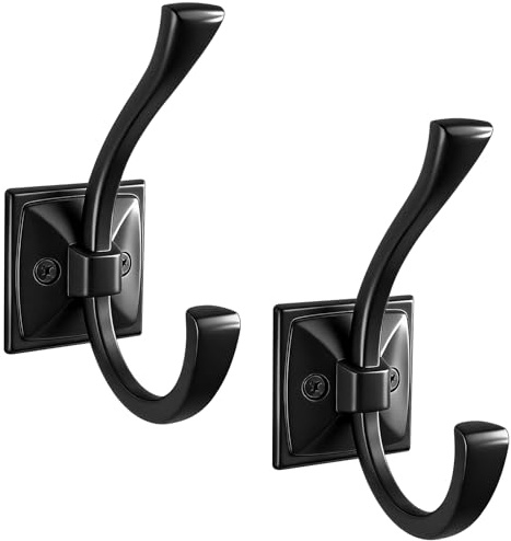 Yundoza 2 Pack Towel Hooks for Bathroom, Screw in Metal Door Hooks | Matte Black | Coat Hooks for Wall | For Hanging Robe Keys Bags | Large Double Hook | Heavy Duty