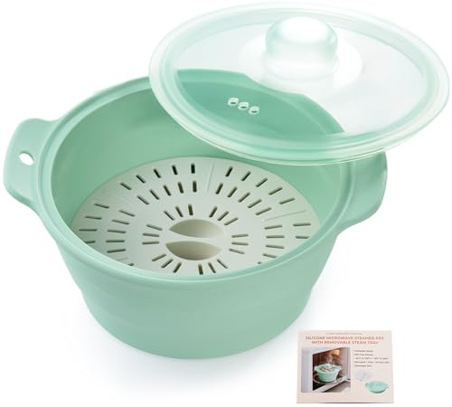 Collapsible Silicone Microwave Vegetable Steamer with Removable Steam Rack, AODISTUCE 42oz BPA-Free Silicone Steamer for Cooking Fresh & Frozen Vegetables Dumplings Buns Prep Meal, Dishwasher Safe