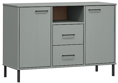 Coespram Sideboard Oslo 113x40x77 cm Massivholz Kiefer Grau mit Metallbeinen Industrial Design Viel Stauraum Robustes Highboard für Wohnzimmer Küche Flur