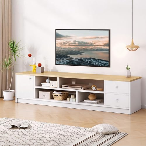 SHARPDO TV-Schrank 160 cm, Lowboard für Fernseher bis 70 Zoll | Fernsehtisch mit 2 Schubladen, 1 Tür & 4 offenen Fächern, TV Board für Wohnzimmer, Weiß Holzoptik