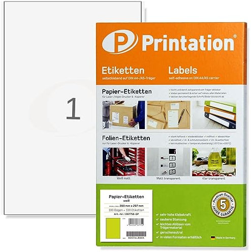 Printation Etiketten selbstklebend 200 x 297 mm (DIN A4) weiß - 100 Etiketten 200x297 auf 100 A4 Bogen 1x1 - selbstklebendes Papier A4 mit Rand - Klebepapier A4 bedruckbar - 4458 3418 Etikettenpapier