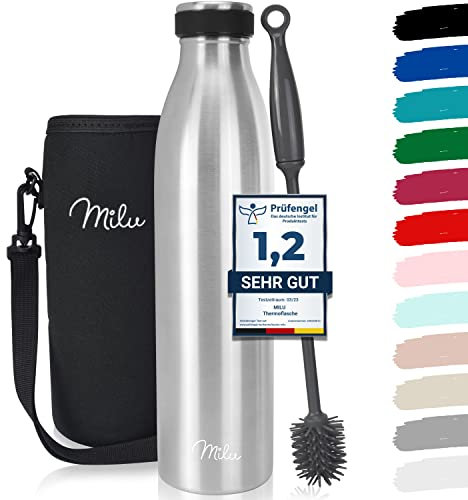 Milu Gourde en acier inoxydable 350ml 500ml, 750ml, 1000ml, 1,5l Bouteille isotherme, bouteille d'eau isolée, double paroi anti-fuite, convient pour les acides carboniques (Acier inoxydable, 1L)