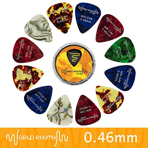 World Rhythm 0.46mm Gitarrenpicks - 12 Zelluloid Gitarren-Plektren und Aufbewahrungsdose - Auswahl an Farben/Designs WR-C46