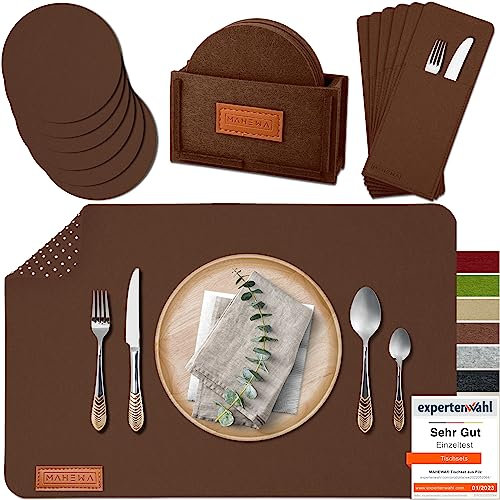 MAHEWA® 6er Set Premium Filz Tischset Platzset mit 6X Glasuntersetzer 1x Halter und 6X Bestecktaschen rutschfest Ab-waschbar Dunkel-Braun