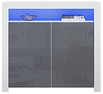 Panana Sideboard Cabinet with Doors Shelves High Gloss Fronts Storage Cupboard with RGB LED Lights Lighting Living Room Dining Room Furniture (Grey)