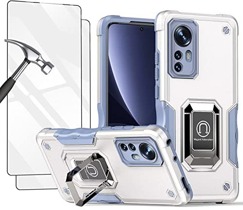 Jeelar Handyhülle für Xiaomi 12/12X,PC+TPU Militär Handy Hülle Stoßfeste Cover Case mit Ständer/Kameraschutz/Magnetische Autohalterung,Schutzhülle mit 2 Gehärtetes Glas Bildschirmschutz,Weiß
