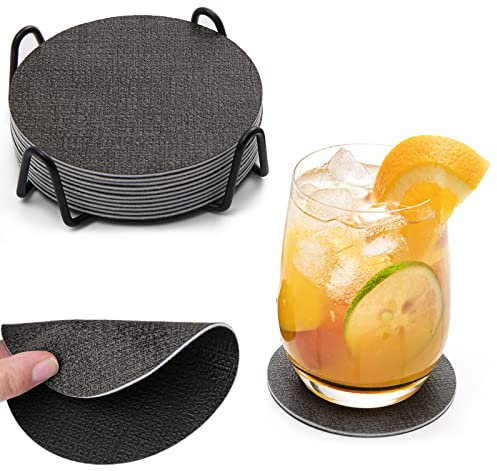 Chitomars Untersetzer Gläser 12er Set, Doppelseitigen Leder Untersetzer Rund rutschfest Glasuntersetzer Abwaschbare Getränkeuntersetzer Kunstleder Glas Untersetzer-Set (Grau Schwarz, Rund)