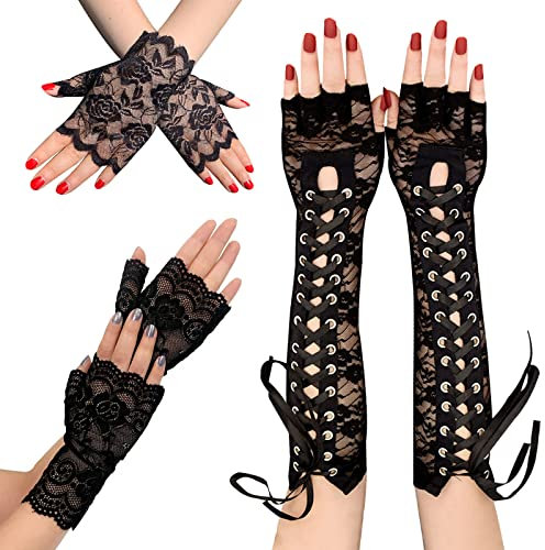 TSHAOUN 3er Set Spitze Fingerlose & Langhemerde Handschuhe Schwarz Braut Accessoires & Steam Punk look mit Ellbogenbändern (3 Paar)
