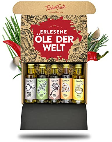 TIMBER TASTE® Öl Feinkost Geschenkset Frauen Männer in 5x40ml Essig und Ölflaschen für Küche Grill Pizza Fleisch BBQ Salat Asiatische Lebensmittel