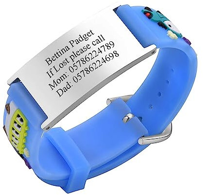 Notfallarmband SOS Armband Kinder Personalisierte - Gravur Edelstahl Tag & Blau Cartoon Silikonband Sicherheitsarmband für Mädchen Jungen Kleinkind Kinder Anti-Verlust Notfall Armband ID Armbänder