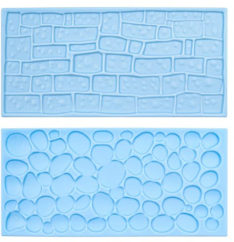 2 Stück NUZAMAS Steinweg- und Ziegelwand-Abformformen, Silikonmatte, Fondant, Zuckerschnitt, Blumenform, Dekoration für Cupcake, Hochzeitstorte, Dekoration (blau)