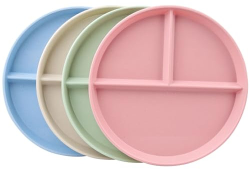 sukevitor Pack of 4 Divided Plates, Reusable Compartment Plates Three Divided Round Plate Portion Control Plate for Adult and Older