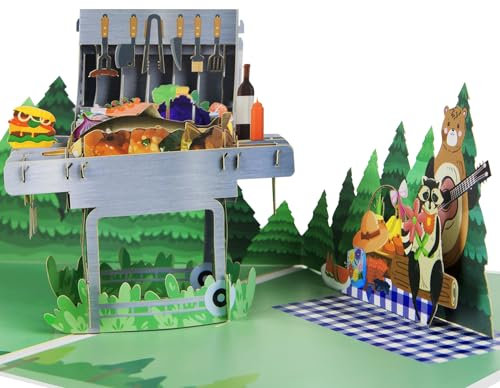 Magic Ants 3D Pop-Up Grillparty Karte für Männer – BBQ-Motiv mit Bär & Waschbär – Für Papa, Opa, Vater – Geburtstagskarte und Vatertagskarte mit Umschlag und Notizkarte
