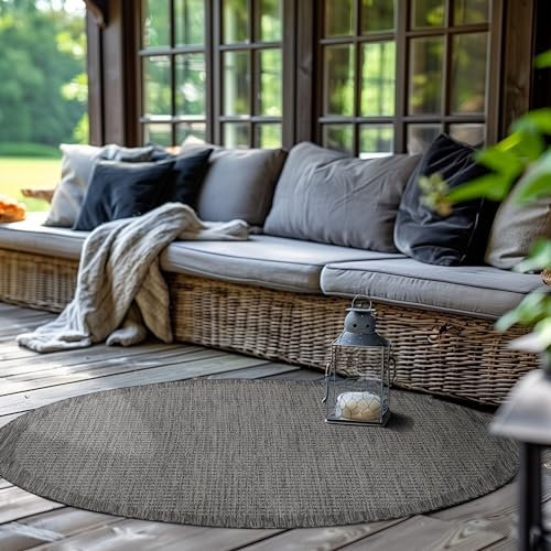Outdoor Teppich Rund,Terrasse Balkon Garten Küchenteppich Einfarbiges Design Wetterfest Flachgewebe Sisal Look Waschbarer Teppich, Größe: 120 cm Rund, Farbe: Schwarz