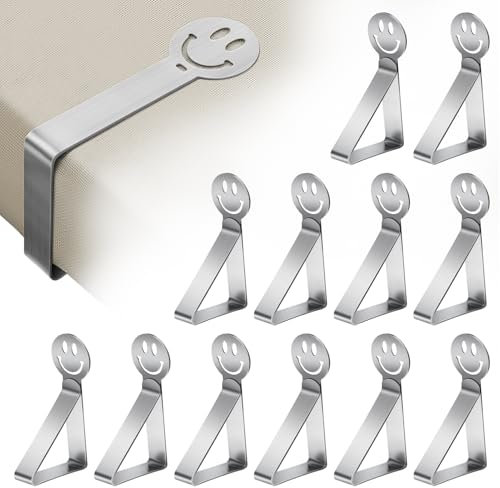 GlasFlength Tischtuchklammern Edelstahl, 12 Stück Tischdeckenklammern Tischabdeckungsklemmen Tischklammern Tischdecke Clips Wetterfeste Tischtuch Clips für Gartentisch Restaurant Campingtisch (Smile)