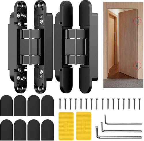 Hanured® 2 piezas 17,7cm Bisagras de puerta ocultas, Bisagra Oscilante 180 Grados, Bisagra a tope ajustable en 3 direcciones, Negro