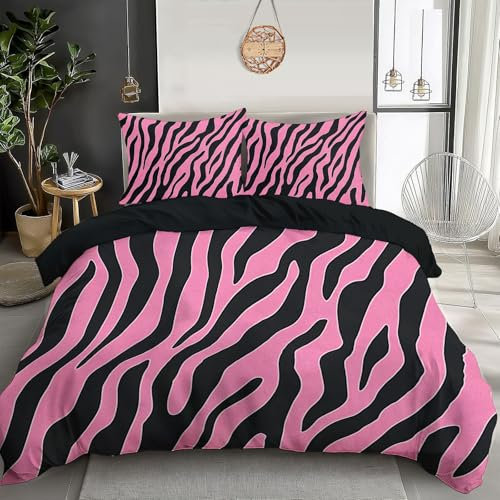 Bettwäsche Set 135 x 200 cm mit 1 Kissenbezügen 80x80 cm - Rosa Zebra-Print Einfache Streifen - Bettwäsche Einzelbett aus 100% Mikrofaser