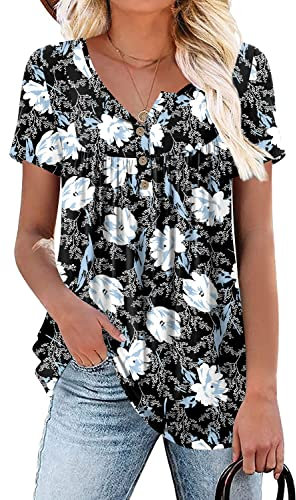 Aodemo Womens Summer Casual Tops Henley Short Sleeve Shirts Loose Fit Tunic Ladies Flowy Blouse XL, White Lily
