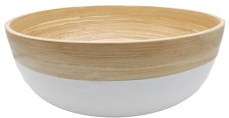 White Bamboo Serving Bowls – Set of 2 Handcrafted Wooden Bowls for Pasta, Salad, Snacks & Fruit – Lightweight & Durable – 20x6 cm – Glossy White Finish