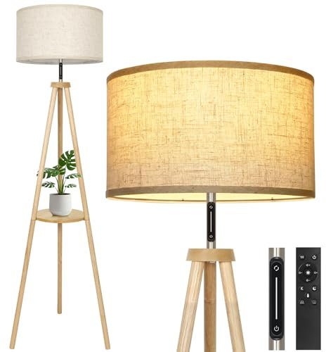 OUTON Stehlampe Holz Dreibein, Modern Dimmbar Stehlampe mit Fernbedienung & Touch-Steuerung, 4 Farbtemperaturen, 1H Timer, Stehleuchte mit Regal & Leinen-Lampenschirm für Schlafzimmer, Wohnzimmer,Büro