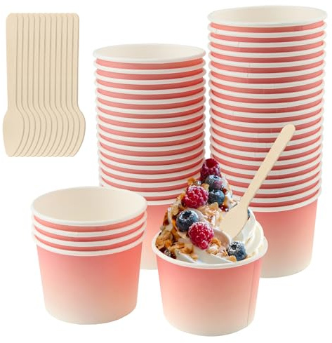 JINXIAN 50 vasos de cartón para helados de 240 ml, con cuchara | Vasos de papel pequeños gruesos para postre, gradiente de color rosa, para helados, postres, aperitivos, yogur