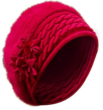 LUOEM Damen Baskenmütze gestrickte Beanie Plüsch Winter Warm Damen Kopfbedeckung mit Blumen (rot)