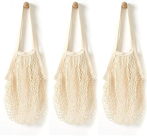 Pveath 3 Pack Grocery Mesh Bags Portable/Reusable/Washable Organic Cotton String Shopping Bags Produce Net Tote Bags with Short Handle Shopping Handbag for Fruit Vegetable Storage (White)