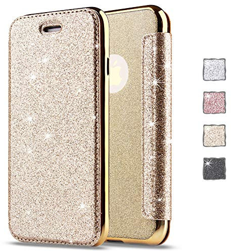 KOUYI Cover per iPhone 5S / 5 / SE, Custodia Lucciante con Brillantini Glitters Design Flip Caso Custodia in Pelle PU con Interno TPU Protettiva Cover per Apple iPhone 5S / 5 / SE (Oro)