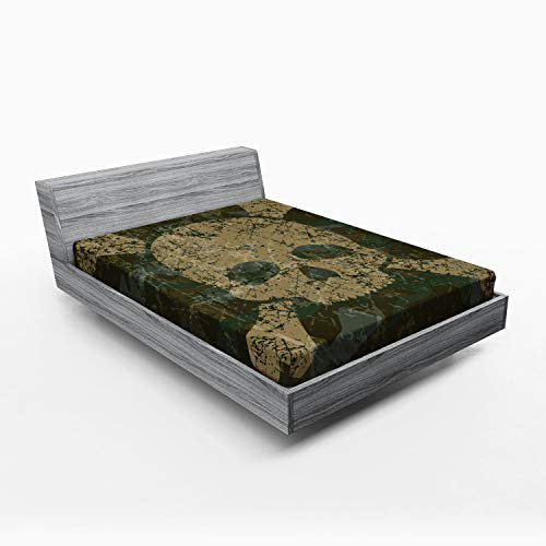 ABAKUHAUS Schädel Spannbetttuch, Rusty Aged Camouflageentwurf, Soft Dekorativer Stoff Bettwäsche Rund-um Elastischer Gummizug, 140 x 200 cm, Dunkelgrün Creme