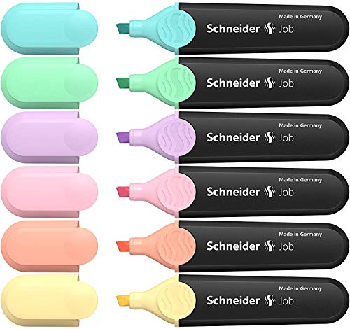 Schneider Textmarker Job Pastell Etui 6 Stück, 1 mm & 5 mm Keilspitze, Pastellfarben, 2 Jahre Frischhaltung, Clip-Kappe, 15.000 Wörter, iF & Red Dot Designpreis