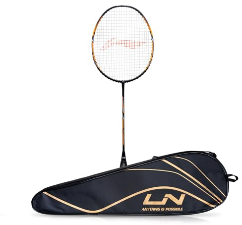 Li-Ning Turbo 99 Badmintonschläger aus Kohlefaser mit vollständiger Schlägerhülle (Schwarz/Gold), für fortgeschrittene Spieler, 84 g, maximale Saitenspannung – 13,6 kg