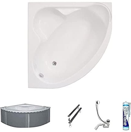 ECOLAM® symmetrische Badewanne Eckbadewanne Standard Polimat Acryl weiß 120x120 cm + Wannenträger zum Verfliesen Ablaufgarnitur Ab- und Überlauf Automatik Füße Silikon Komplett-Set