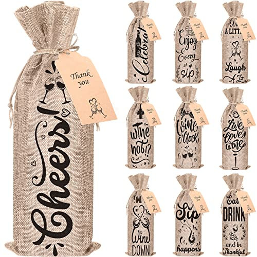 Shappy 10 Stück Leinen Weinbeutel Geschenkverpackung Stoff Weinbeutel mit Kordelzug Wein Taschen für Weinflaschen Abdeckung für Weihnachten Valentinstag Geburtstag Party (Natürlich)
